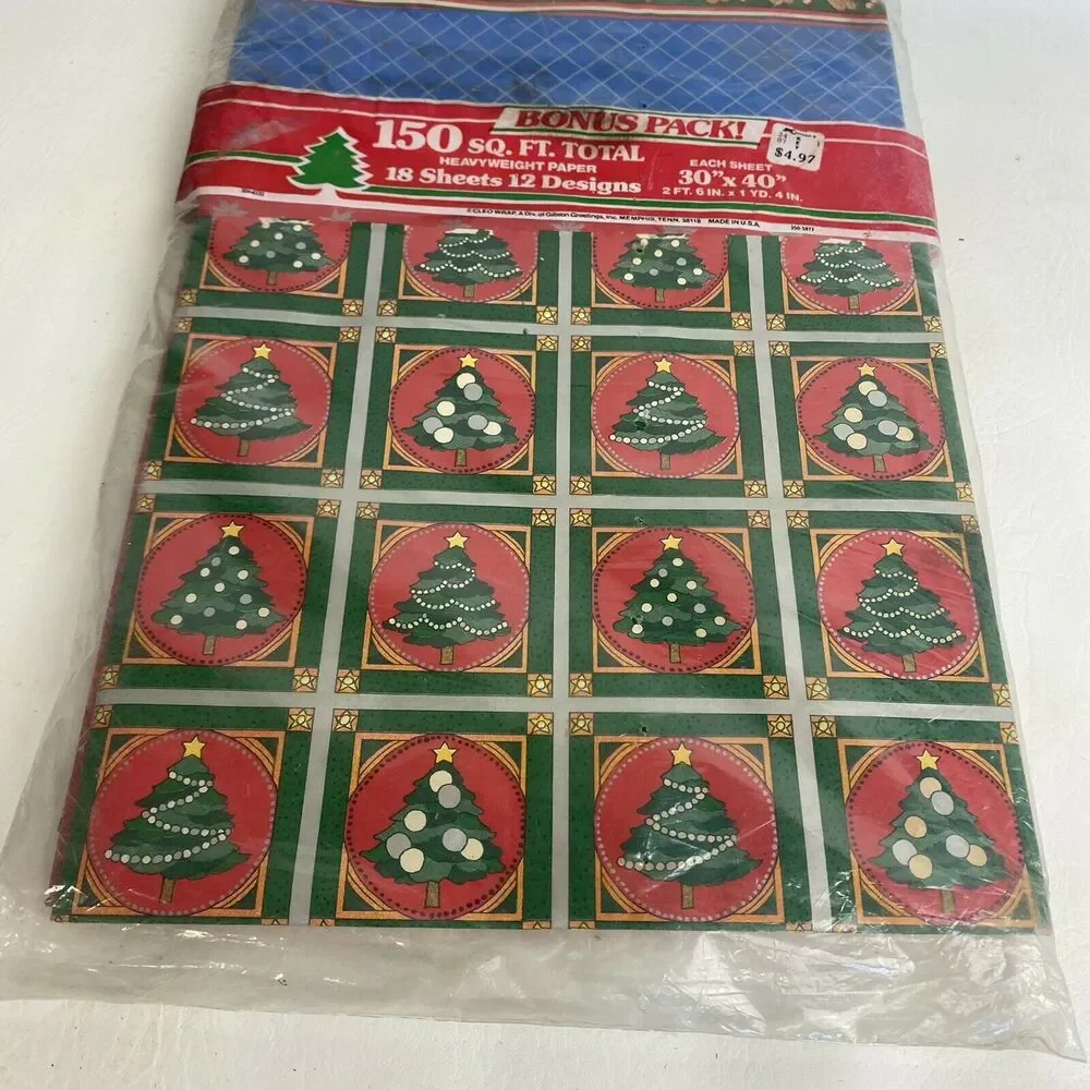 Vintage‎ Wrapping Paper Christmas 150 Square Feet Christmas Trees Snowmen NIP